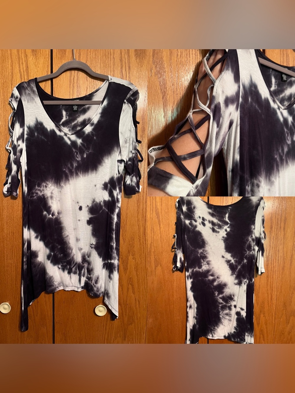 Black and White Tie-Dye Cold-Shoulder Top